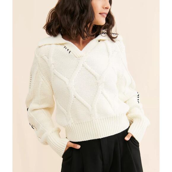 En Saison Anthropologie Whipstitch Lena Sweater Cable Knit Spread Collar Medium - Picture 1 of 7